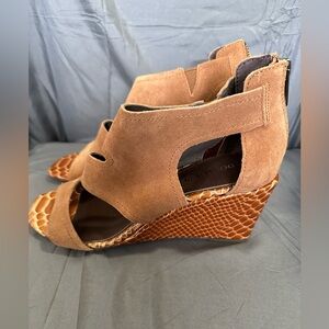 Donald J. Pliner Brown Suede Cutout Wedge Sandals with Snakeskin-Textured Wedge